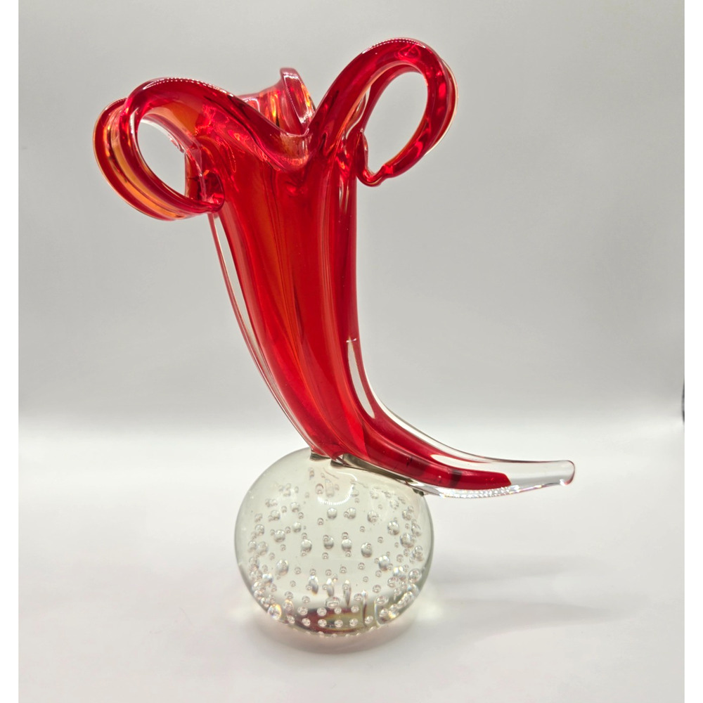 Rare VTG Murano Glass Sommerso Bullicante Red Open Flower Vase CONTROLLED BUBBLE
